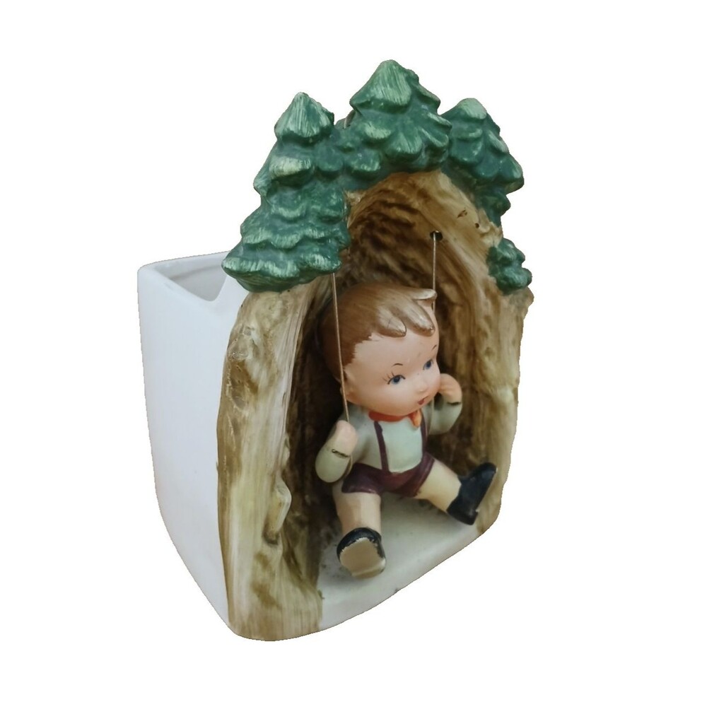 Vintage Hand-Painted Porcelain Planter Vase Boy on Swing Colorful Collectible